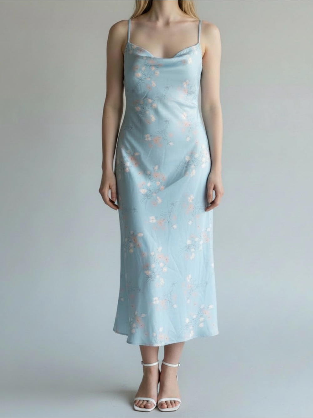 Cider Blue Floral Cowl Neck Midi Dress
